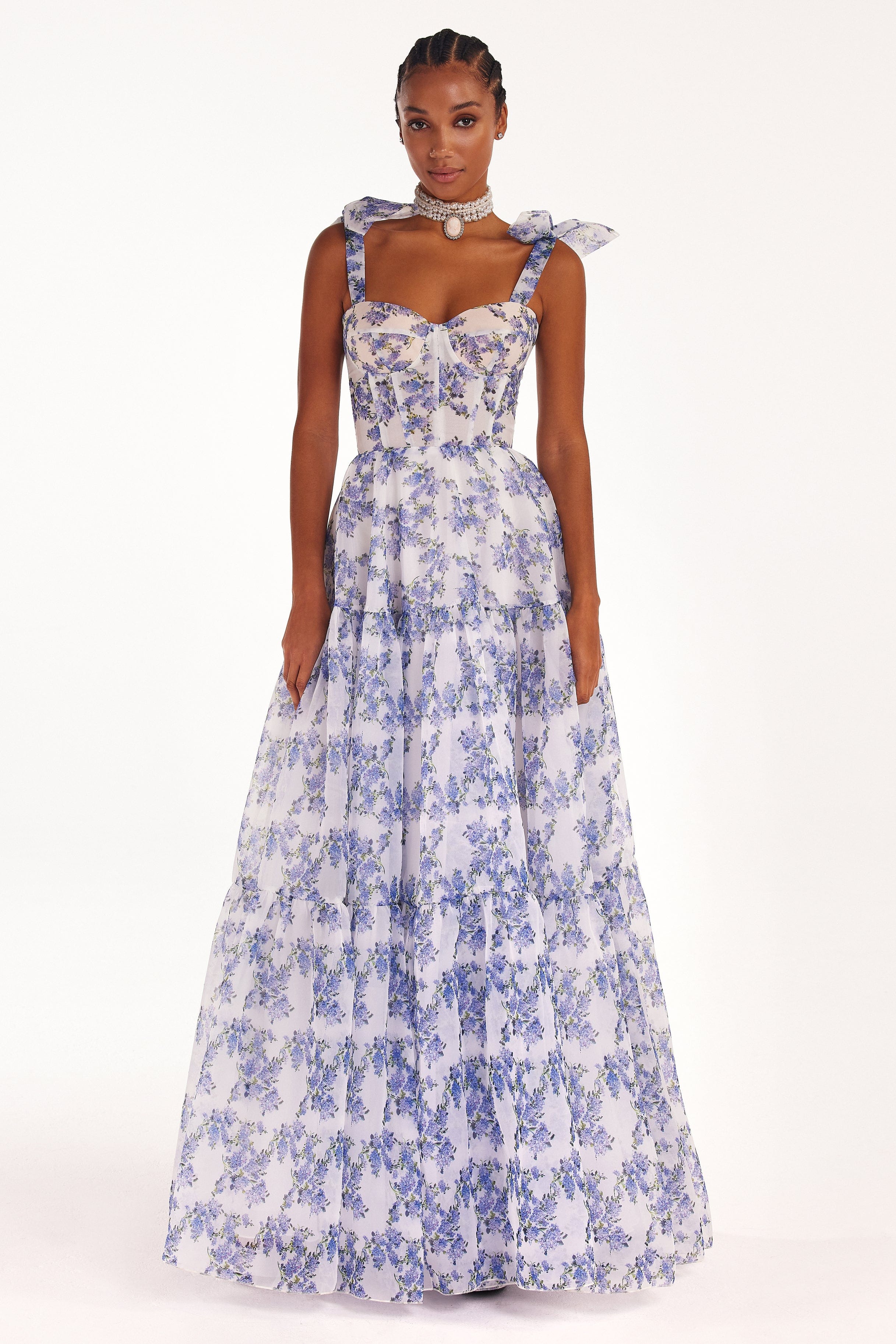 Women's Flying Sleeve Blue Floral Velvet Long Prom Dress Ball Gown –  FloraShe
